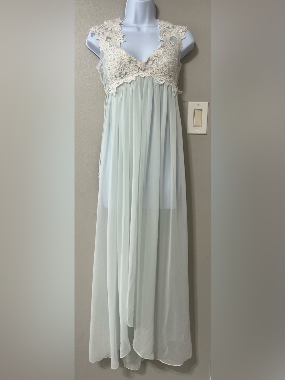 Vintage Sheer Lace Nightgown Maxi Dress Ivory Blue Fairy Romantic Size S